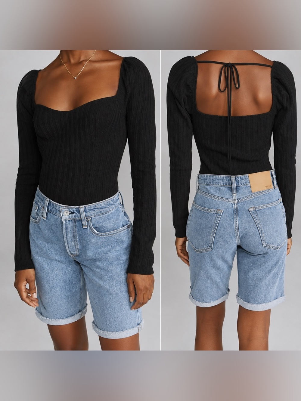 NWT Free People Black Ribbed Square-Neck Long Sleeve Top with Back Tie